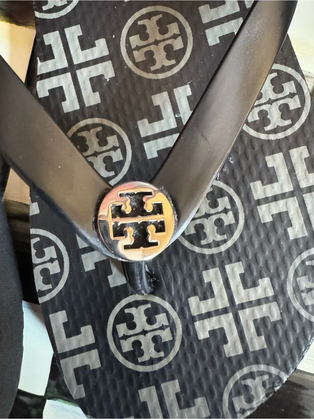Tory Burch Black and Gray Logo Flip Flops